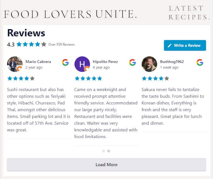 example of wordpress google reviews slider