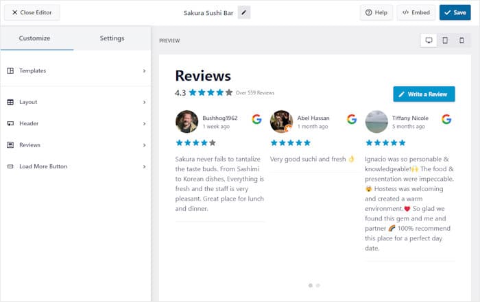 google reviews slider live feed editor