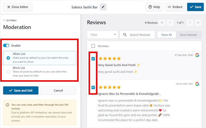 moderate your google reviews feed