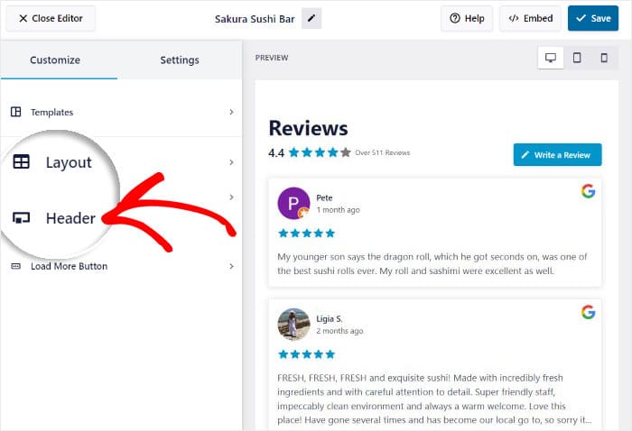 open header option google reviews widget