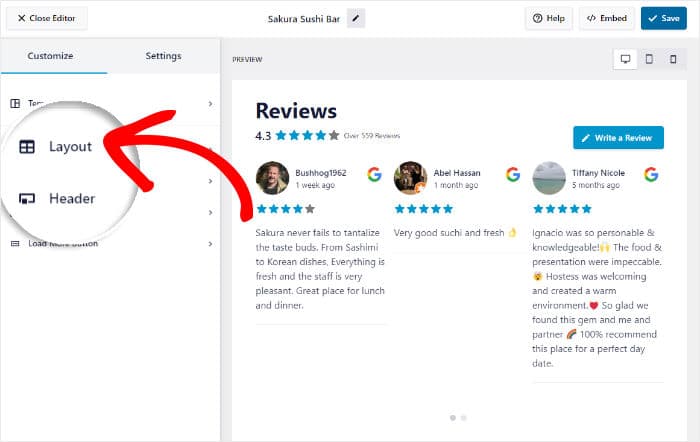 open layout options google reviews slider