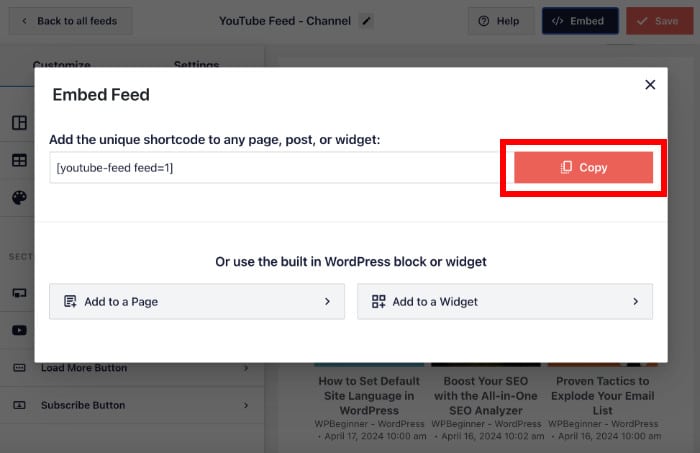 copy shortcode youtube feed