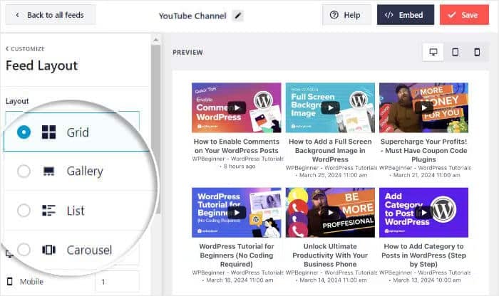 layout options for youtube feed pro