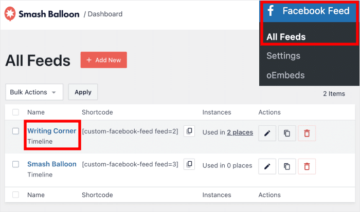 open facebook feed in visual customizer