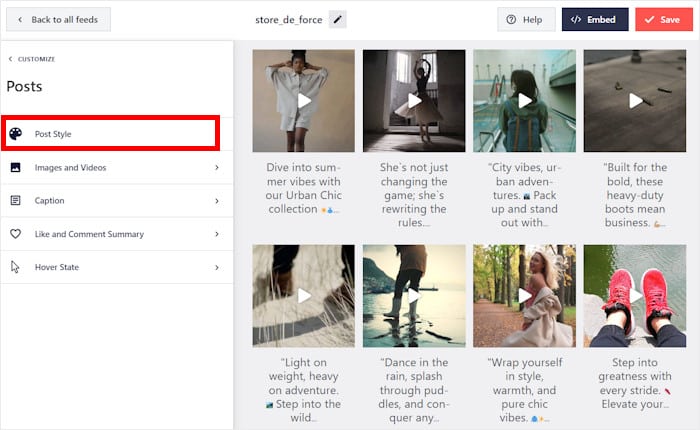select post style option instagram feed pro