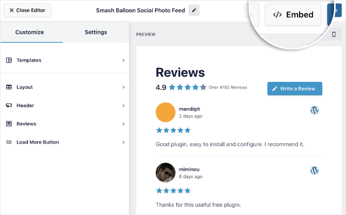 embed button for reviews feed pro