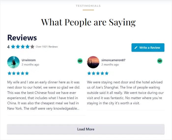 example of tripadvisor review on a divi website