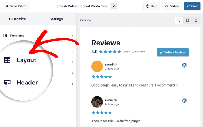 layout customization for reviews feed pro
