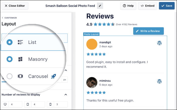 layout options for wordpress reviews