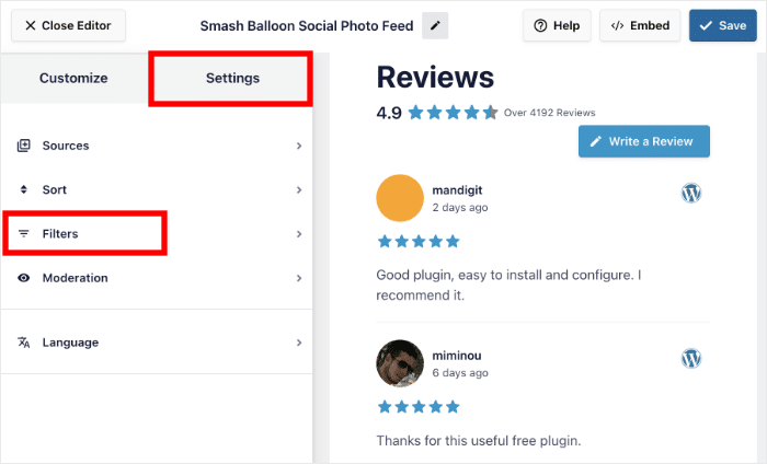 open filters options for wordpress reviews