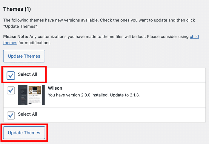 update all themes for wordpress