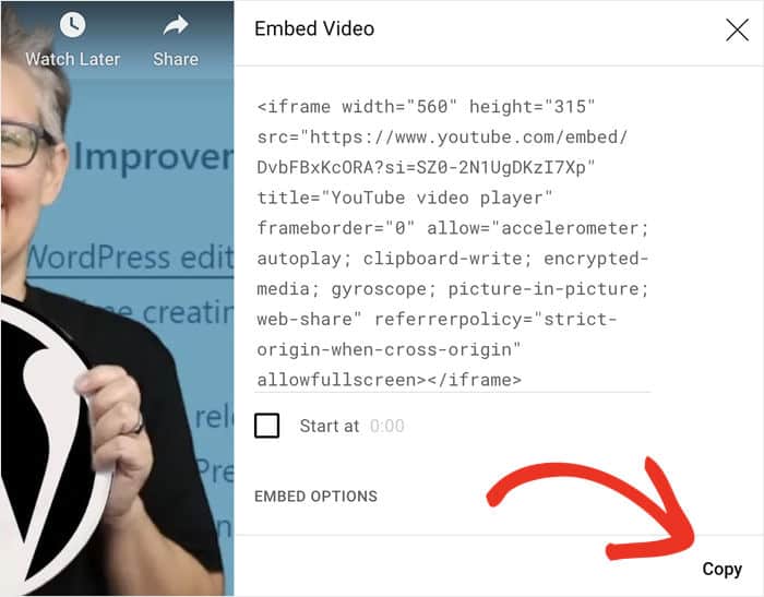 copy button youtube embed