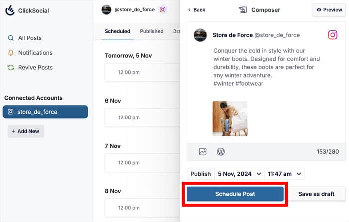 clicksocial schedule your instagram post