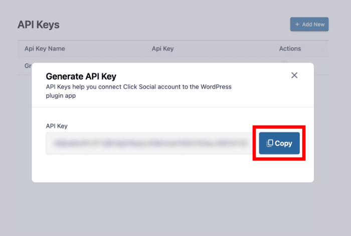 copy your site's api key clicksocial