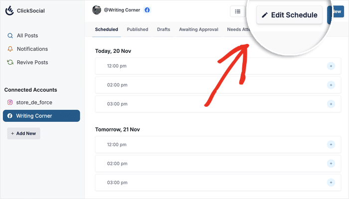 edit schedule for clicksocial facebook