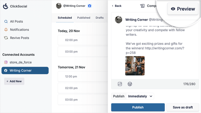 preview facebook post that shares wordpress content