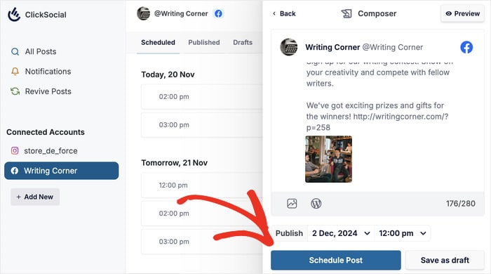 schedule your facebook post clicksocial