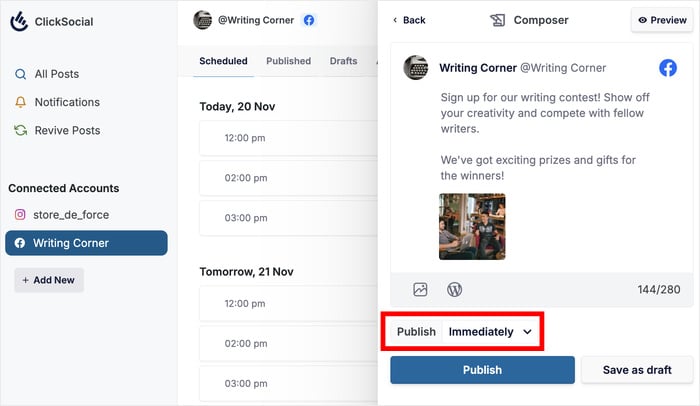 start scheduling facebook post from wordpress