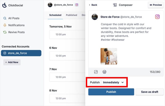 start setting up publishing time instagram