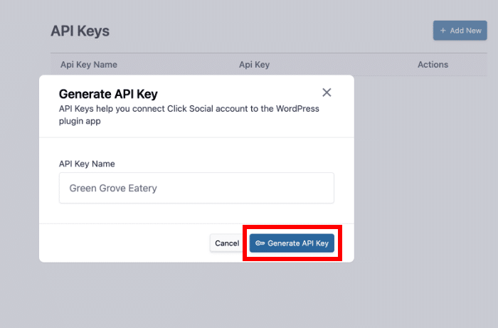 website api key for clicksocial