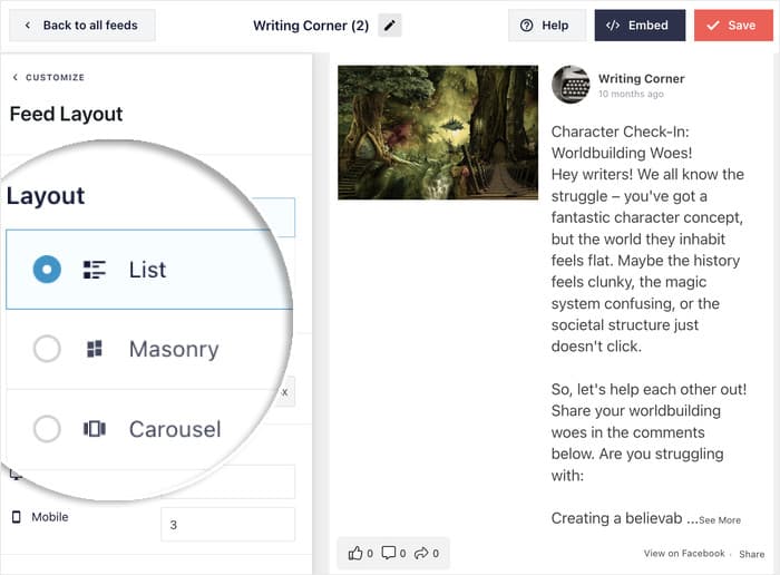 layout options for facebook feed widget