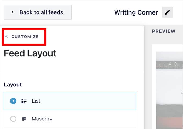 return to main customization options for facebook