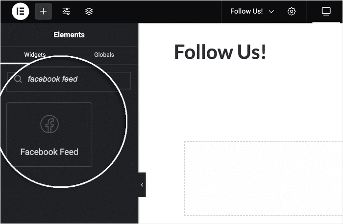 search for facebook feed block elementor