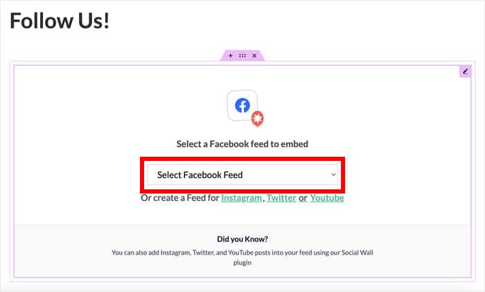 select facebook feed to embed in elementor