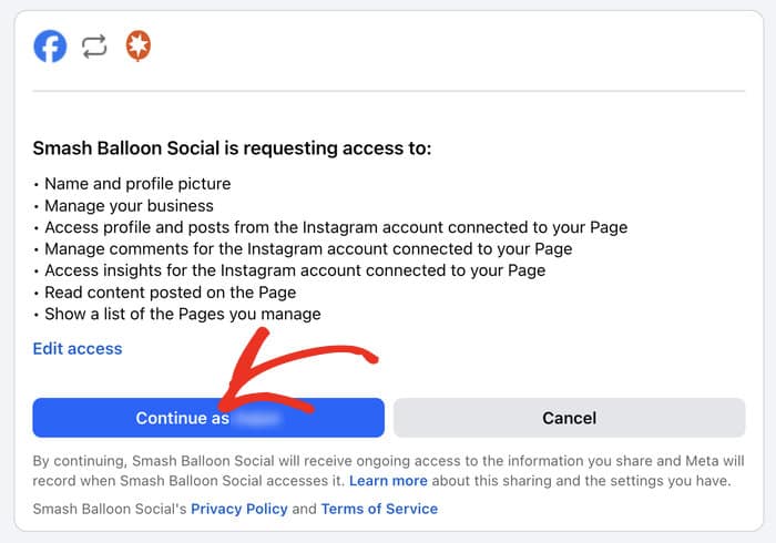 continue button on facebook