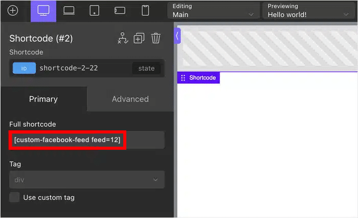 insert your facebook feed shortcode in oxygen builder