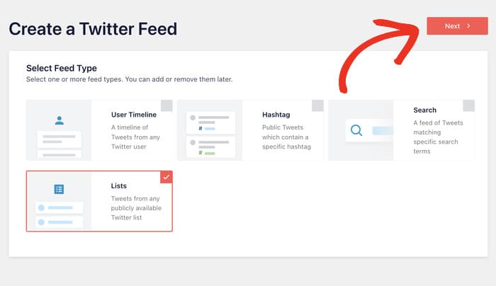 seelct the list feed type for twitter feed