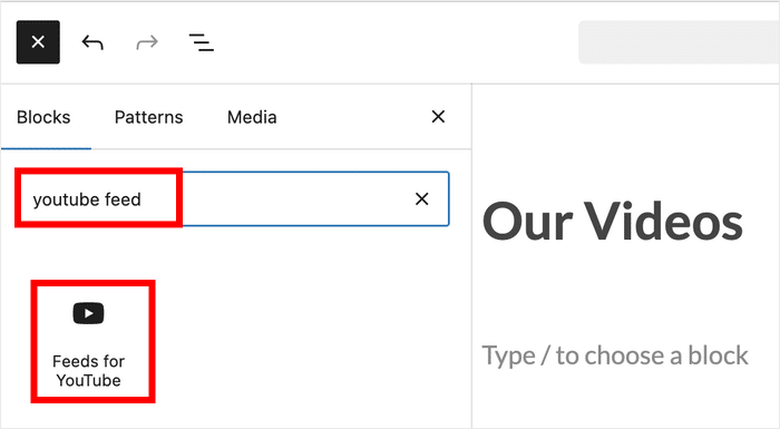 add youtube feed block to a page in wordpress