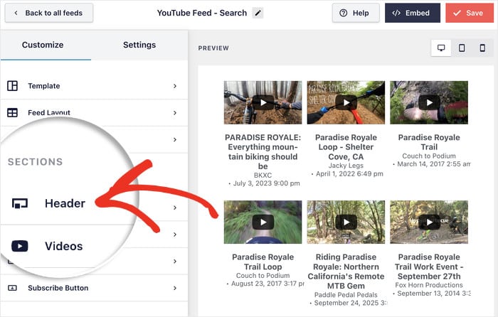 customize header for youtube search embeds