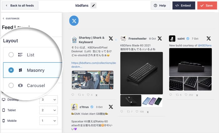 layout options for a twitter search feed