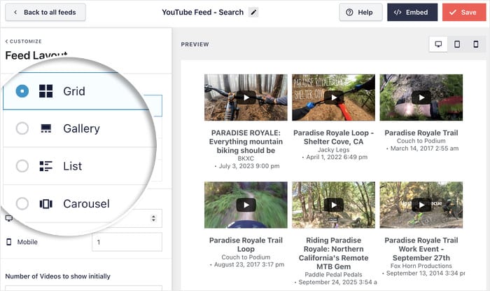 layout options for your embedded youtube search