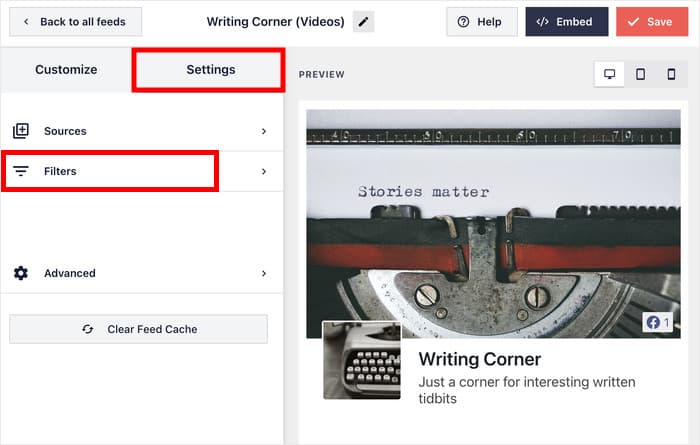 open settings and filters for video feed