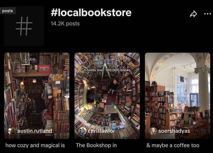 example of a hashtag search result on tiktok