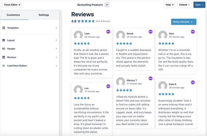 woocommerce reviews feed in the live customizer