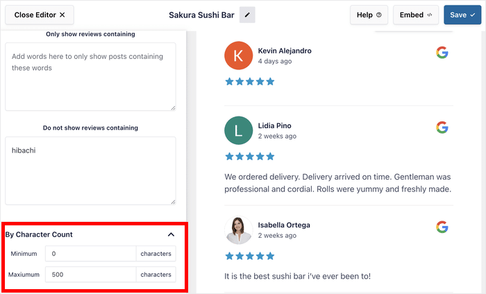 filter reviews by character count