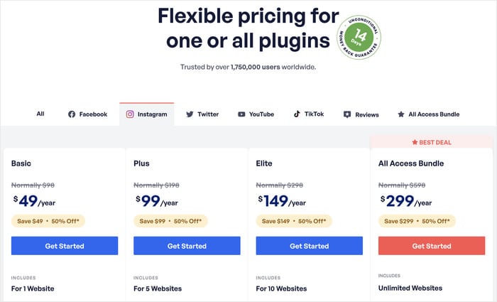pricing options for the instagram feed pro plugin