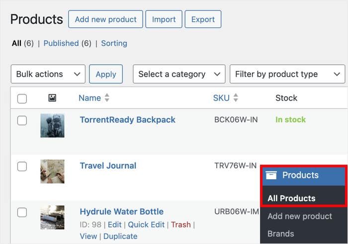 all products page in woocommerce