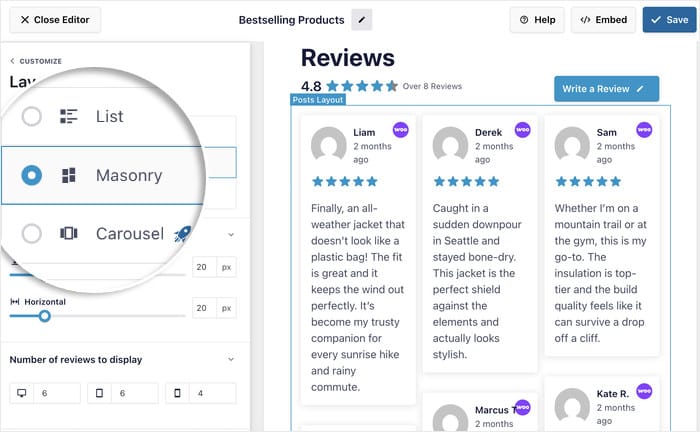 opções de layout disponíveis para o feed de avaliações do WooCommerce