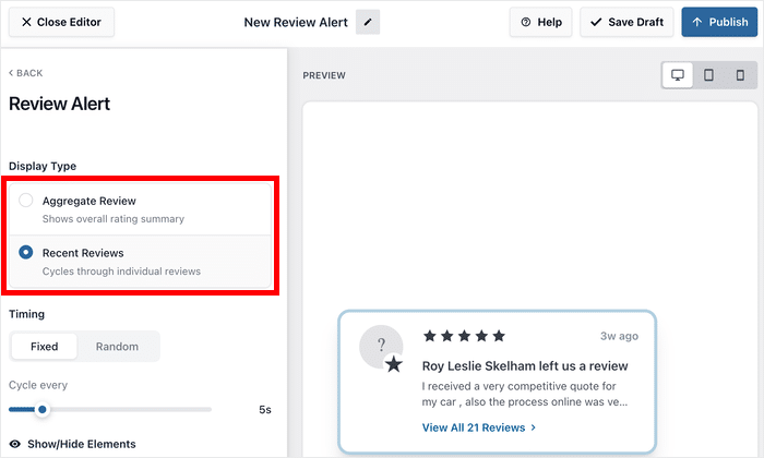 choose from aggregate or recent reviews