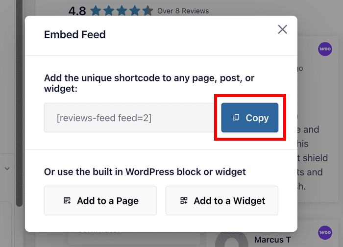 copie o código de atalho para o seu feed de avaliações do WooCommerce