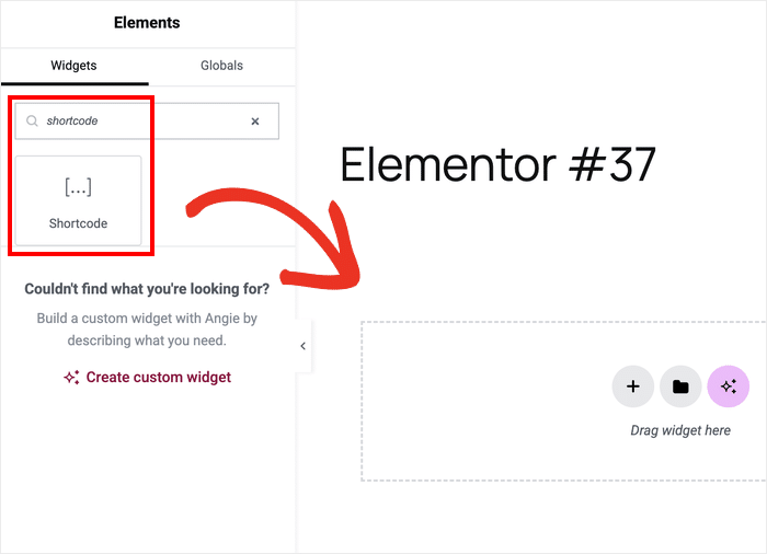 Exemplo de arrastar o widget de código de atalho para o editor Elementor