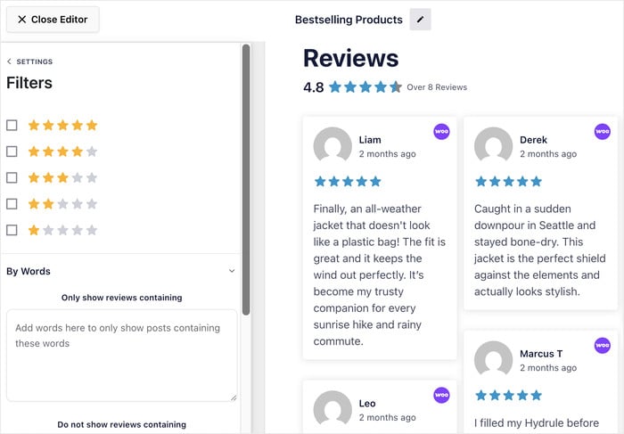 filtros para o seu feed de avaliações do WooCommerce