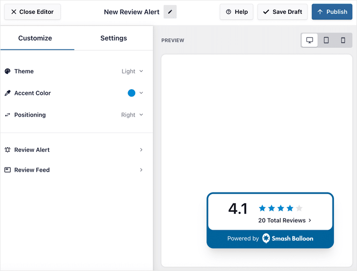 live customizer for reviews feed alerts