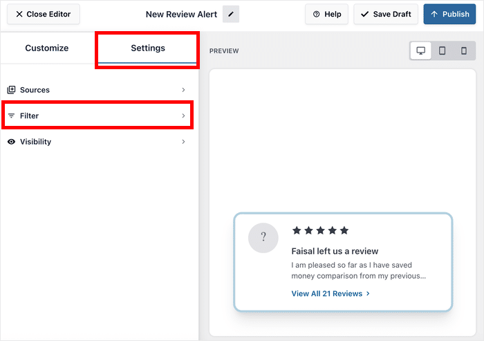 open filters option for review alerts popup