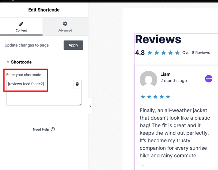 inserir o código de atalho do feed de avaliações do WooCommerce