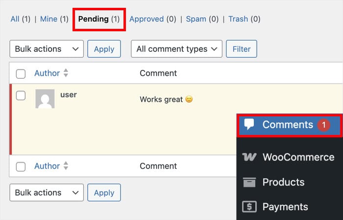 pending comments for woocommerce wordpress